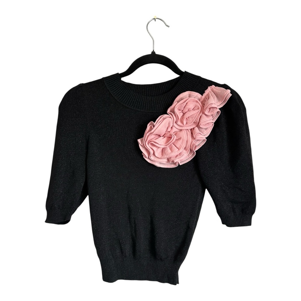 Maeve Anthropologie Black Shimmery Sweater with Pink Floral Accent